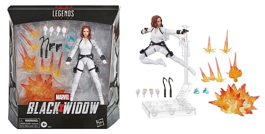 Marvel Legends Black Widow full poseable on a stand with accessories and explosion